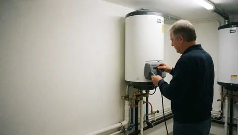 Un technicien inspecte une chaudière dans un sous-sol avec des tuyaux visibles, laissant de l'espace pour le texte à gauche dans un environnement propre et ordonné.