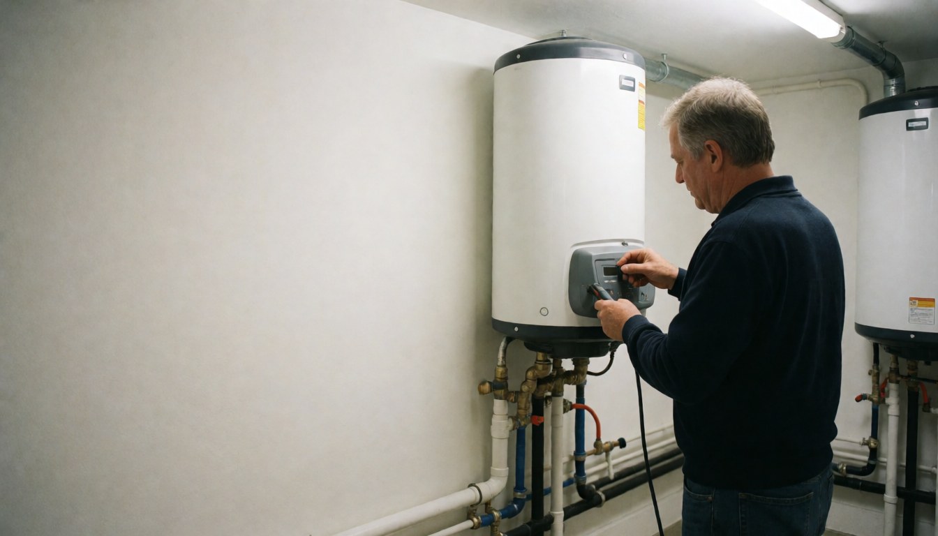 Un technicien inspecte une chaudière dans un sous-sol avec des tuyaux visibles, laissant de l'espace pour le texte à gauche dans un environnement propre et ordonné.