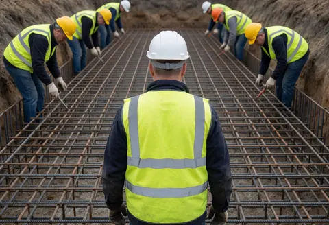 Un maçon en gilet réfléchissant et casque blanc observe le travail d'armature dans une tranchée de construction.
