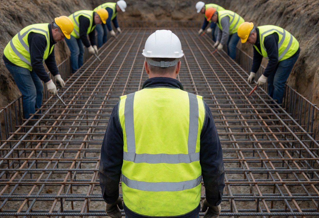 Un maçon en gilet réfléchissant et casque blanc observe le travail d'armature dans une tranchée de construction.