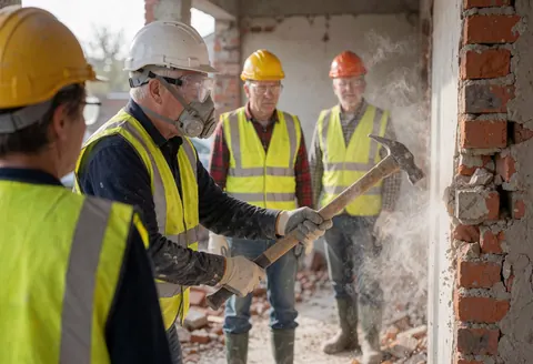 Un maçon casqué et masqué abat un mur de briques au marteau, la poussière s'envole tandis que d'autres ouvriers observent les travaux sur le chantier.