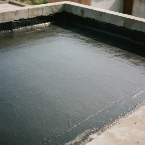 Membrane noire étanche posée sur une terrasse en béton, avec des bords scellés contre un mur bas, sous un éclairage naturel, révélant une surface uniforme et brillante.