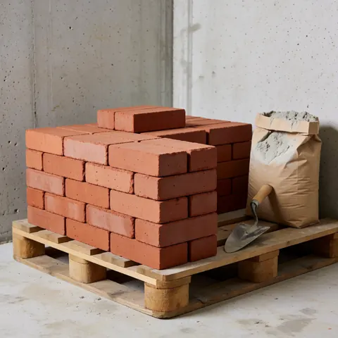 Des briques de terre cuite rouge sont empilées sur une palette en bois, à côté d'un sac de mortier et d'une pelle, devant un mur en béton.