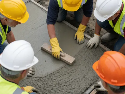 Vue de dessus montrant des maçons équipés de casques et de gants qui lissent une surface de béton humide à l'intérieur d'un coffrage sur un chantier de construction.