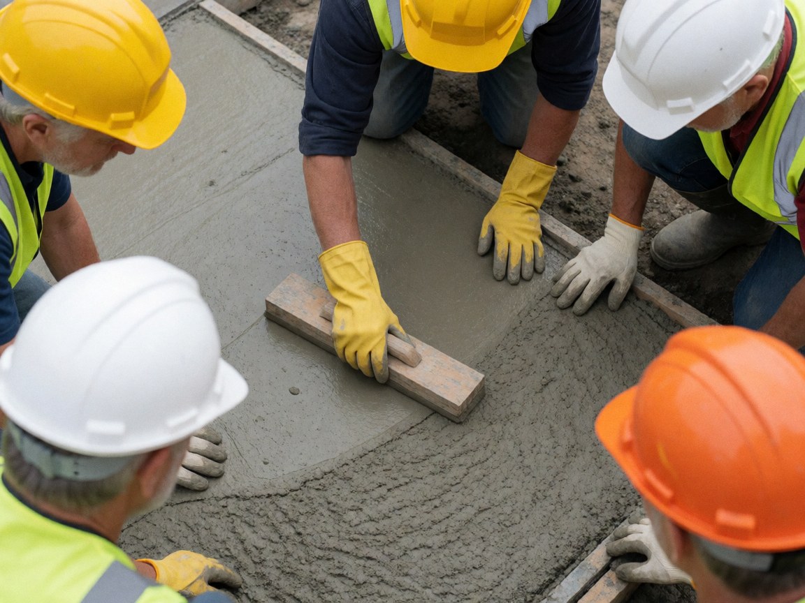 Vue de dessus montrant des maçons équipés de casques et de gants qui lissent une surface de béton humide à l'intérieur d'un coffrage sur un chantier de construction.