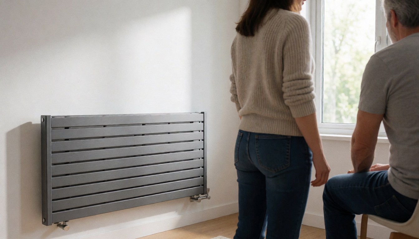 Un homme debout et une femme assise regardent un radiateur en aluminium gris fixé sur un mur blanc près d'une fenêtre éclairée par la lumière naturelle.