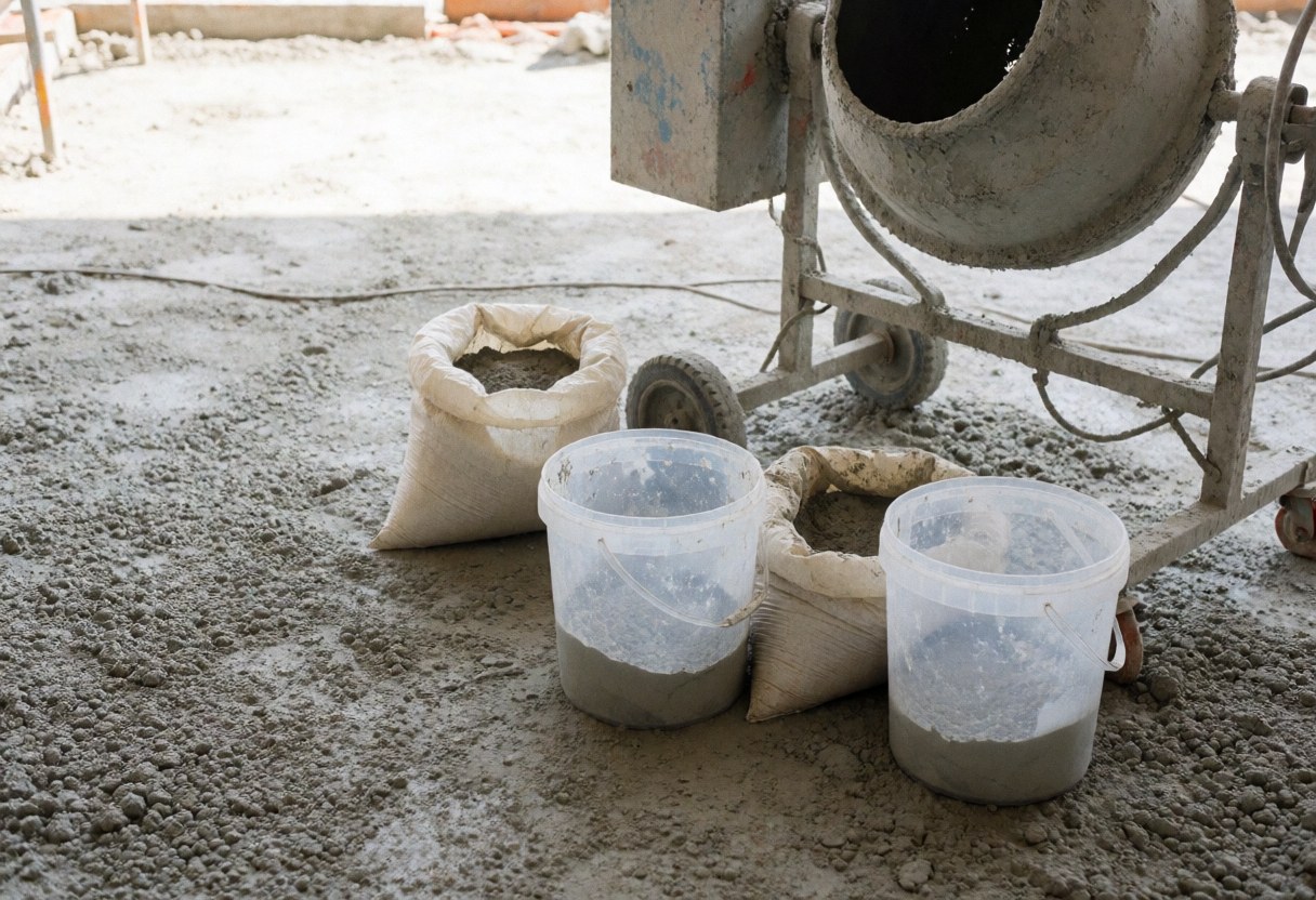 Sac de ciment au sol, deux seaux avec mélange et un malaxeur à béton sur un chantier de construction.