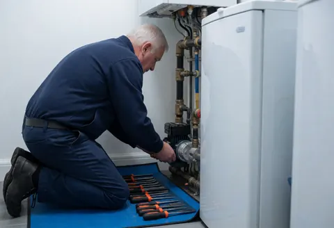 Un technicien en train de remplacer une pompe sur un système de tuyauterie de chaudière, avec des outils posés sur une nappe bleue dans un environnement professionnel.