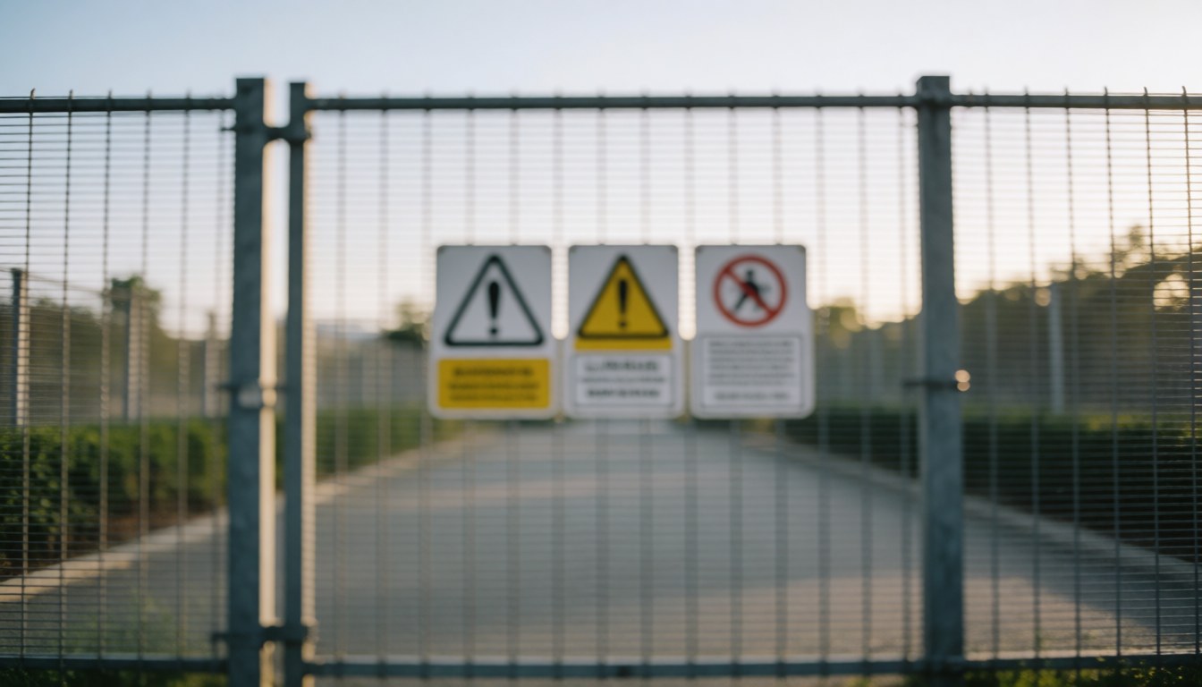 Fond professionnel de clôture de sécurité métallique avec des signes d'avertissement flous, idéal pour les entreprises de sécurité, ambiance calme et lumière douce.