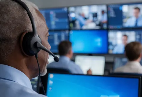 Un opérateur de sécurité portant un casque observe des écrans de surveillance dans un centre de contrôle professionnel éclairé en bleu.