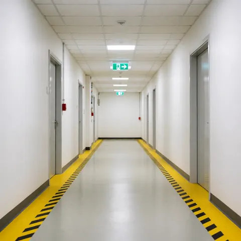 Couloir industriel propre et vide aux murs blancs et sol gris, orné de bandes de sécurité jaunes et noires, avec un éclairage uniforme et des signes d'urgence visibles.