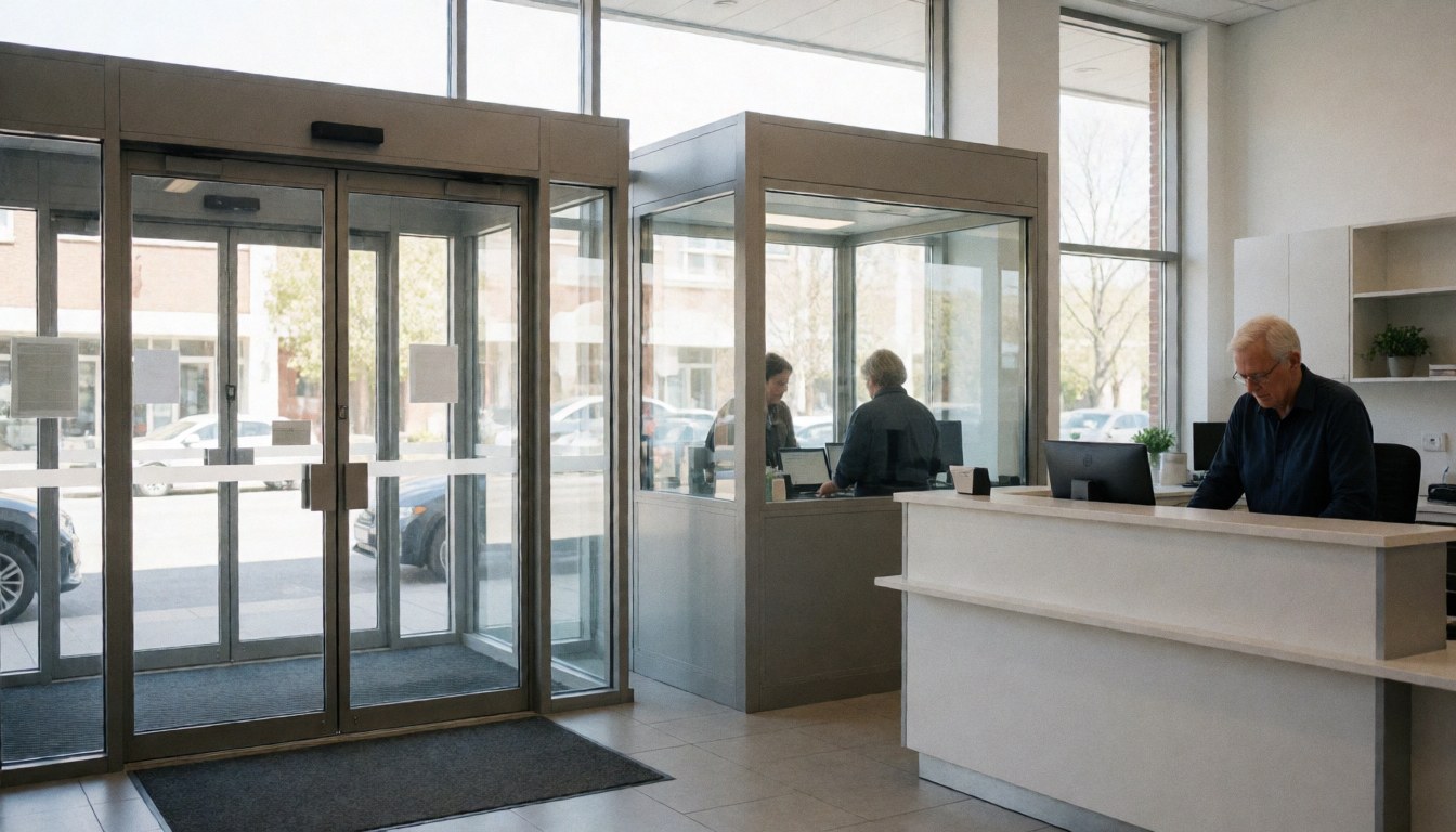 Un agent de sécurité travaille derrière le bureau d'accueil d'un immeuble moderne, assurant le contrôle des accès.