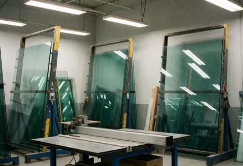 Grands panneaux de verre stockés sur des étagères métalliques dans un atelier industriel propre et bien rangé avec une table de travail et un éclairage fonctionnel.
