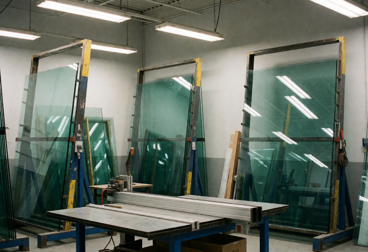 Grands panneaux de verre stockés sur des étagères métalliques dans un atelier industriel propre et bien rangé avec une table de travail et un éclairage fonctionnel.