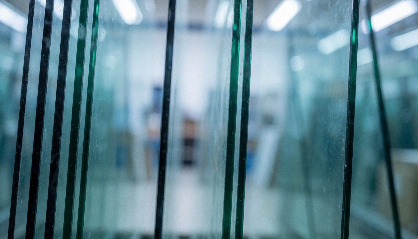 Arrière-plan professionnel d'entreposage de verre présentant des lignes verticales, éclairage bleu froid et profondeur de champ réduite, idéal pour insérer du texte commercial.