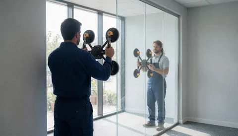 Un professionnel installe un grand mur de verre sans cadre dans un bureau moderne. La lumière naturelle met en valeur la transparence du verre et le sol métallique.