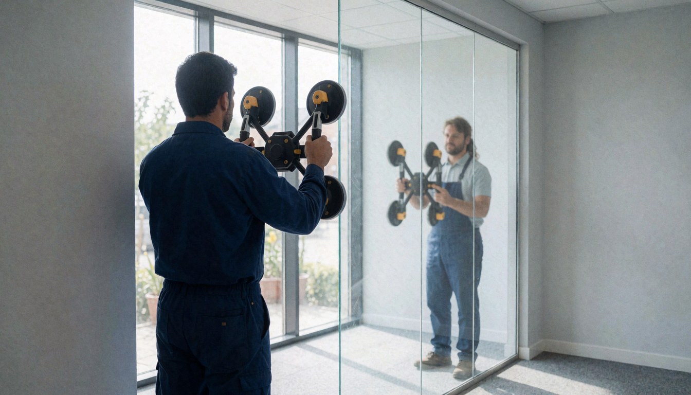 Un professionnel installe un grand mur de verre sans cadre dans un bureau moderne. La lumière naturelle met en valeur la transparence du verre et le sol métallique.