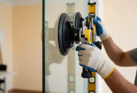 Gros plan d'une main portant un gant de sécurité qui ajuste un panneau de verre transparent à l'aide d'un outil de suction et d'un niveau, sur un fond flou beige.