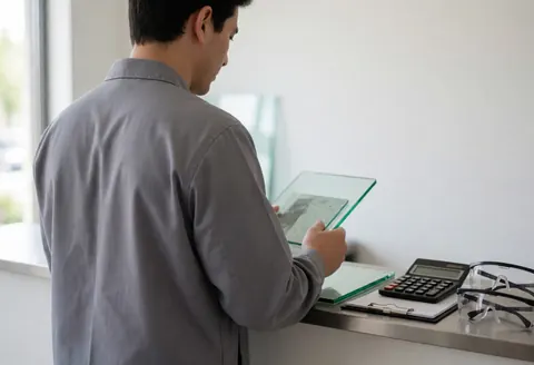 Un ouvrier en uniforme gris vérifie des vitres sur un présentoir avec une calculatrice et des lunettes de protection dans un environnement professionnel.