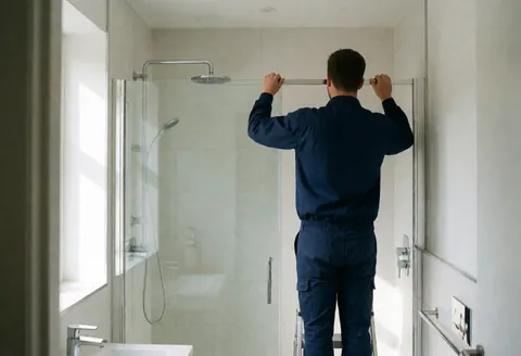 Un ouvrier en uniforme bleu ajuste la barre supérieure d'une paroi de douche en verre dans une salle de bain moderne éclairée par la lumière naturelle.