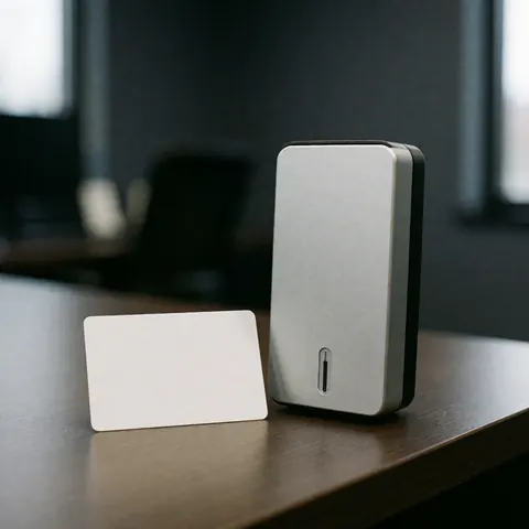 Une carte d'accès vierge et un lecteur électronique sans marque posés sur une table en bois foncé dans un bureau aux murs gris.