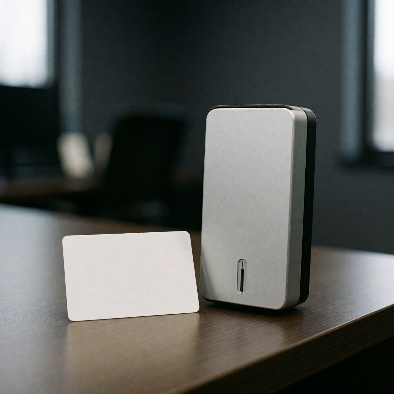 Une carte d'accès vierge et un lecteur électronique sans marque posés sur une table en bois foncé dans un bureau aux murs gris.