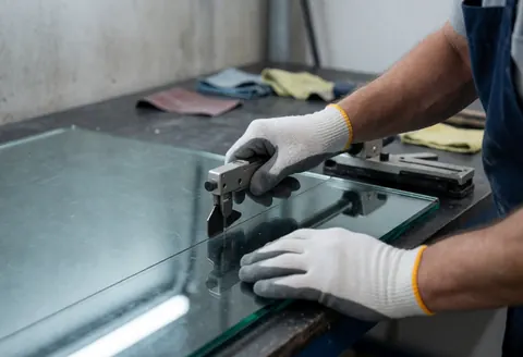 Un verrier travaille avec précision sur un panneau de verre trempé à l'aide d'un outil manuel, mains protégées par des gants, sur une table dans un atelier industriel.