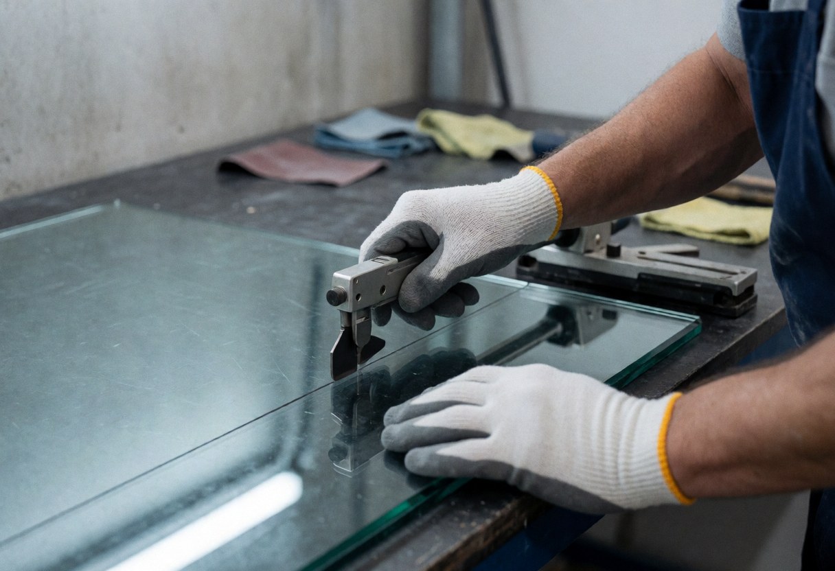 Un verrier travaille avec précision sur un panneau de verre trempé à l'aide d'un outil manuel, mains protégées par des gants, sur une table dans un atelier industriel.