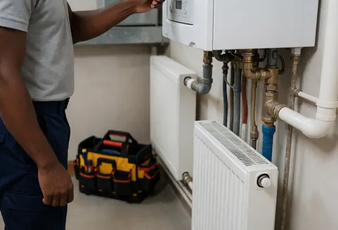 Un technicien ajuste le thermostat d'une chaudière. Radiateurs et outils sont visibles dans un espace propre et ordonné.