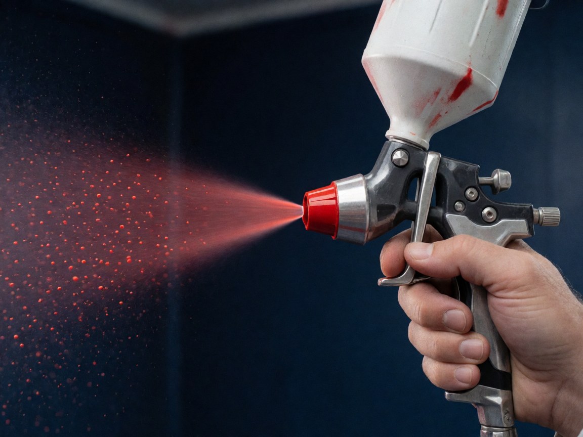 Gros plan sur la buse d'un pistolet à peinture rouge en fonctionnement avec des gouttelettes suspendues dans l'air sur un fond sombre d'atelier.