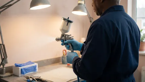 Technicien en peinture automobile avec des gants bleus ajustant un pistolet dans un atelier bien éclairé, outils et gants sur la table