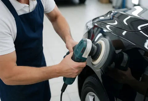 Un technicien en carrosserie utilise une ponceuse à action dual pour poler une aile noire, créant des reflets brillants dans un atelier propre et bien éclairé.