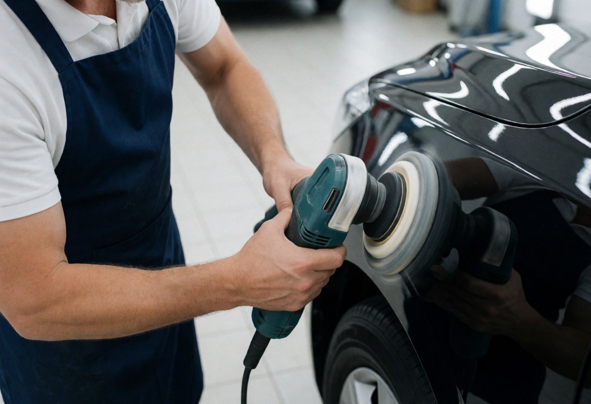Un technicien en carrosserie utilise une ponceuse à action dual pour poler une aile noire, créant des reflets brillants dans un atelier propre et bien éclairé.