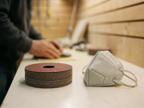Disques de papier verre empilés et masque de protection posés sur un établi en bois dans un atelier de carrosserie automobile avec un fond flou.