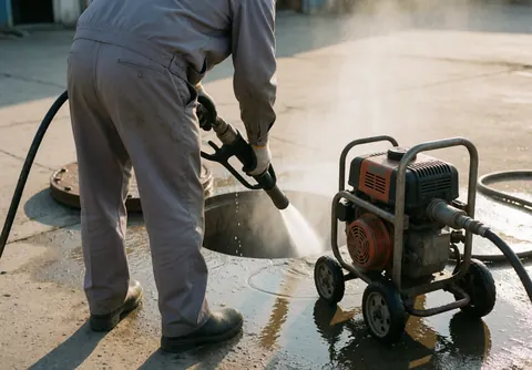 Un technicien en uniforme gris utilise un nettoyeur haute pression manuel pour nettoyer une canalisation ouverte dans un environnement industriel.