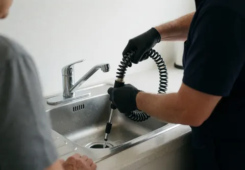 Plombier en gants noirs insérant un furet dans un évier en acier inoxydable avec l'eau qui coule dans une cuisine propre.