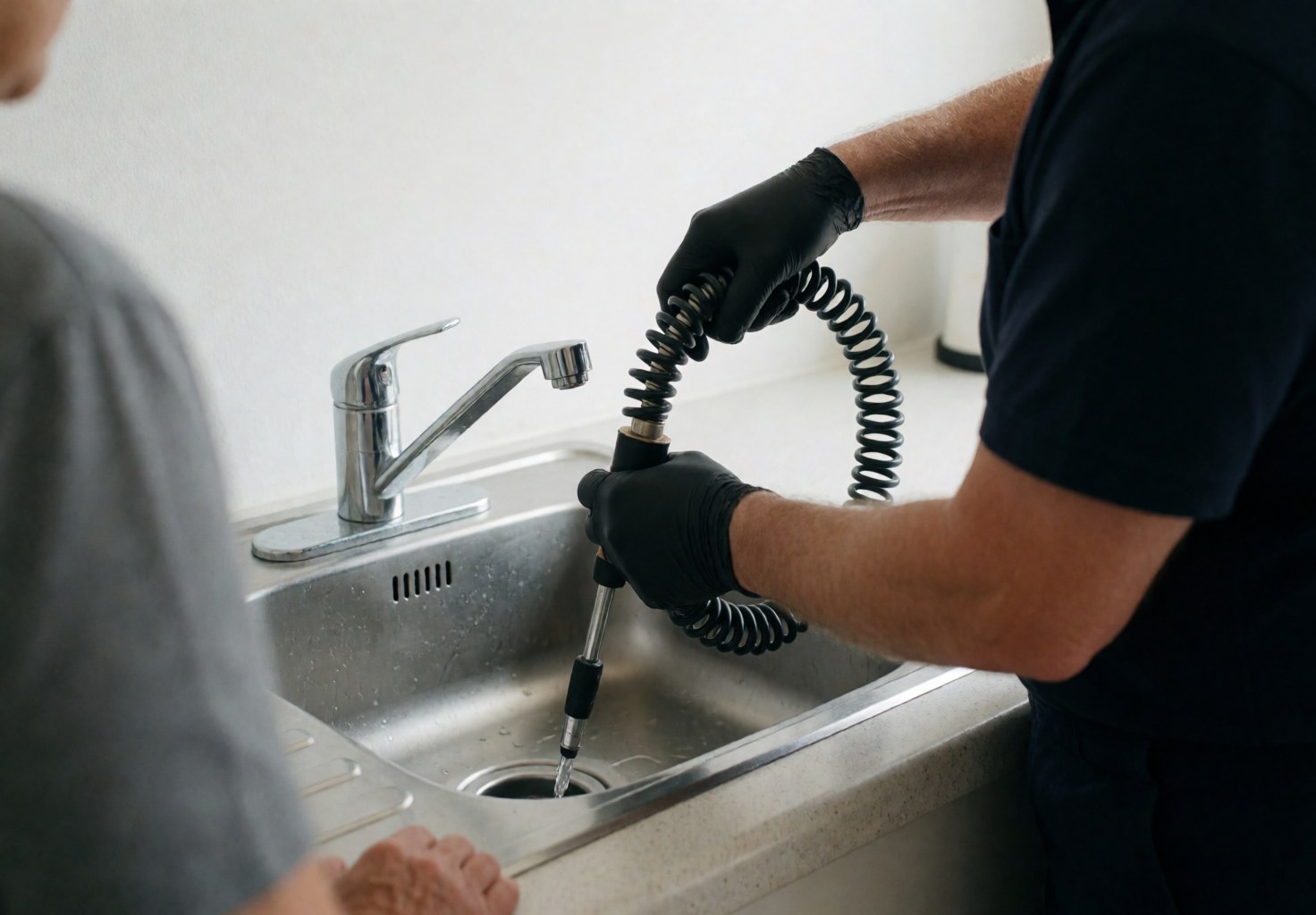 Plombier en gants noirs insérant un furet dans un évier en acier inoxydable avec l'eau qui coule dans une cuisine propre.