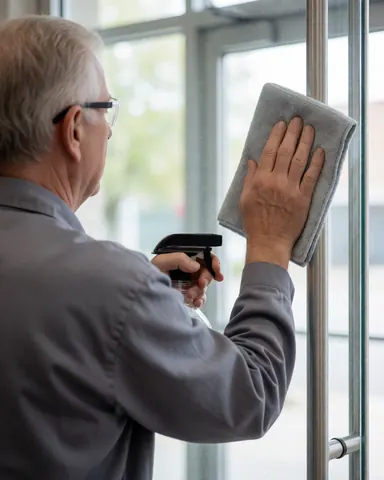 Un employé en uniforme gris et lunettes de sécurité nettoie la vitre d'une porte avec un chiffon et un spray, mettant en valeur le travail professionnel.