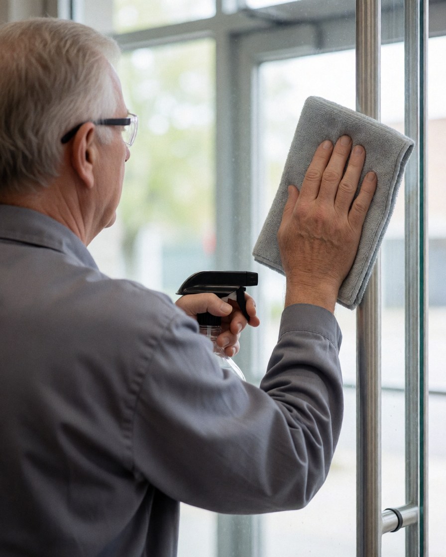Un employé en uniforme gris et lunettes de sécurité nettoie la vitre d'une porte avec un chiffon et un spray, mettant en valeur le travail professionnel.