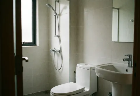 Salle de bain propre et moderne équipée d'une douche à main, d'un lavabo et d'un WC blanc, murs carrelés clairs et lumière naturelle par la fenêtre.