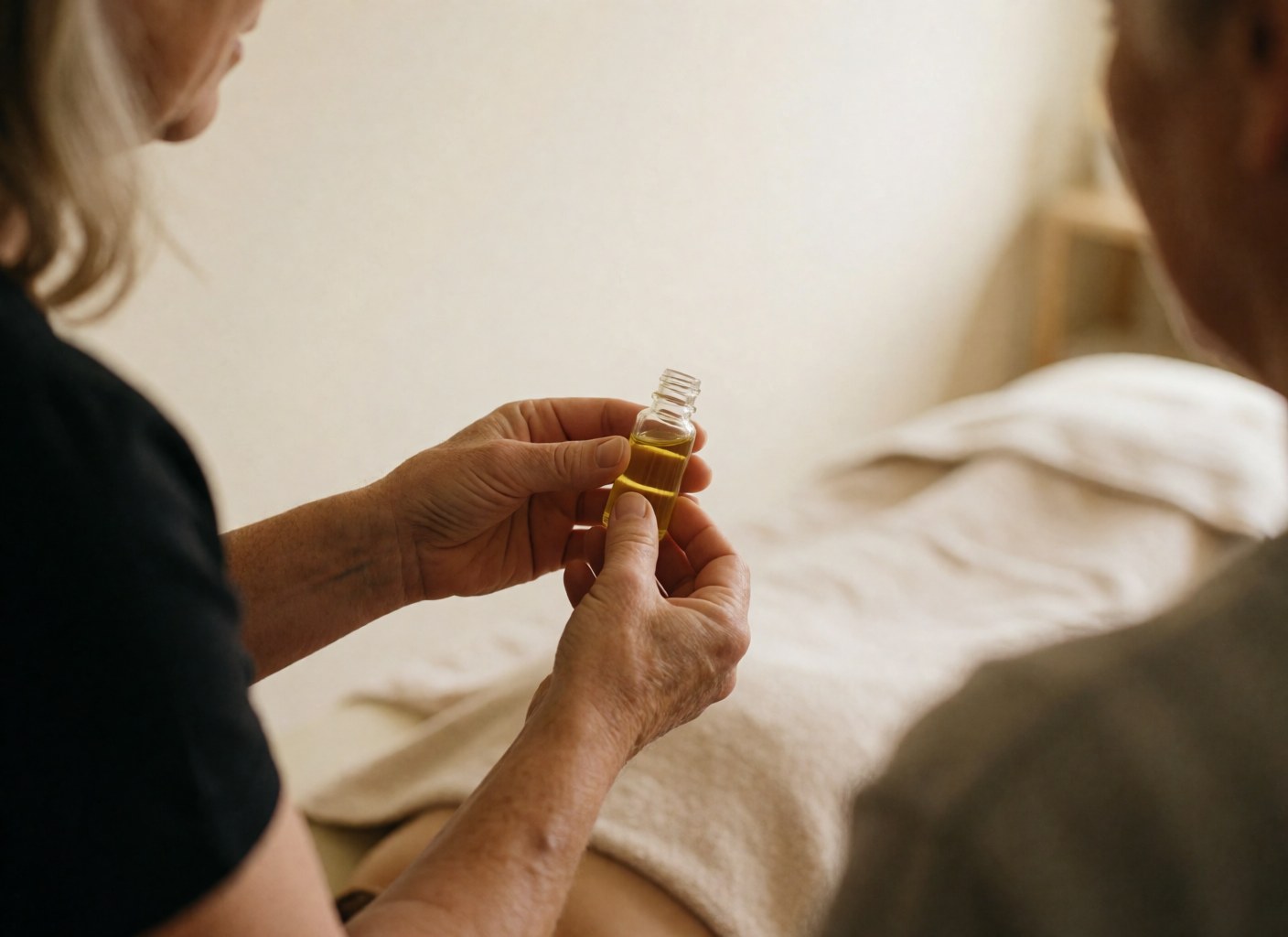 Thérapeute tenant un flacon d'huile essentielle pour un traitement, mains et produit en premier plan avec un fond flou montrant une séance en cours.