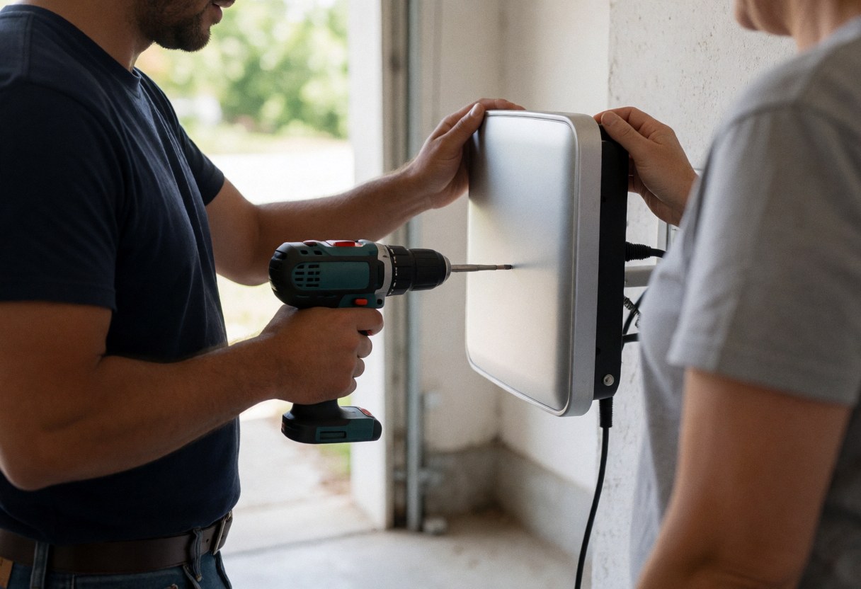 Un technicien installe une antenne dans un garage en utilisant une perceuse, tandis qu'une autre personne aide à soutenir l'équipement.