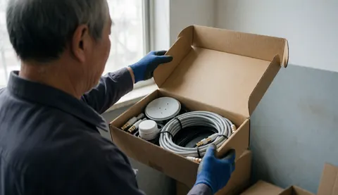 Un technicien aux gants bleus ouvre une boîte contenant un kit d'installation avec antenne, câble coaxial et LNB dans un atelier éclairé par la lumière naturelle.