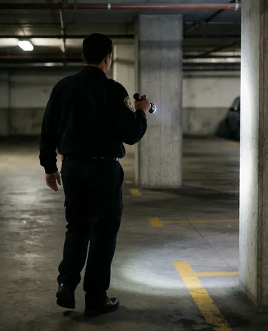 Un agent de sécurité effectue une ronde dans un parking souterrain, éclairé par sa lampe torche, avec des colonnes en béton et des marquages au sol.