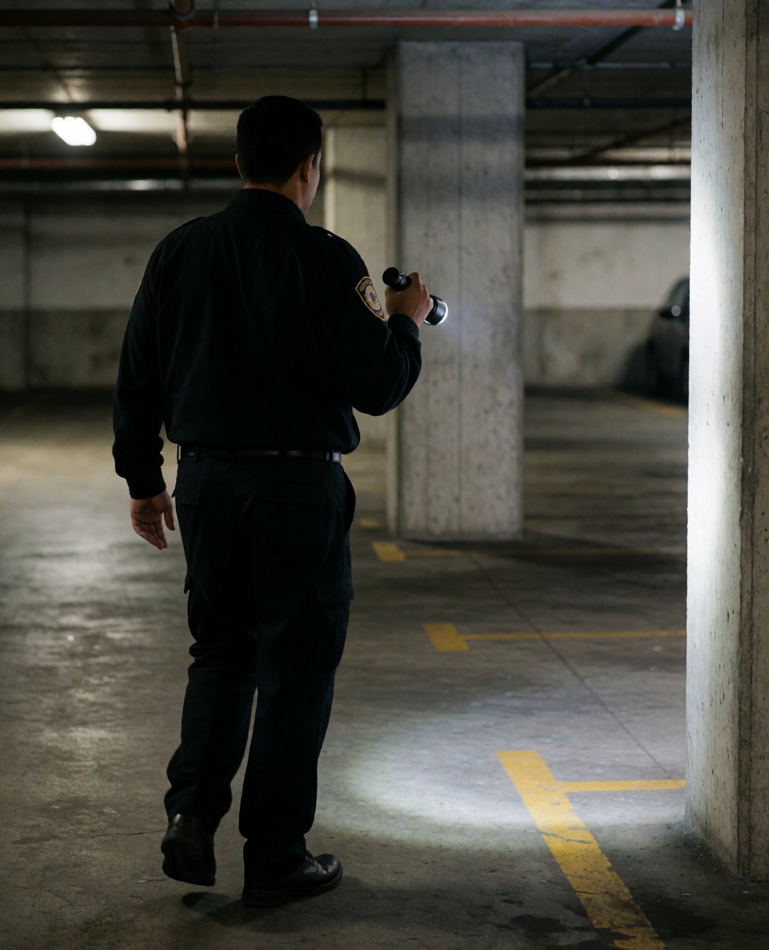 Un agent de sécurité effectue une ronde dans un parking souterrain, éclairé par sa lampe torche, avec des colonnes en béton et des marquages au sol.