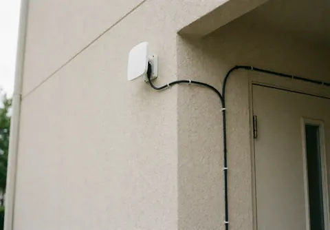 Une antenne wifi blanche montée sur un mur en stuc beige avec un câble noir fixé par des clips, près d'une porte. Installation professionnelle et soignée.