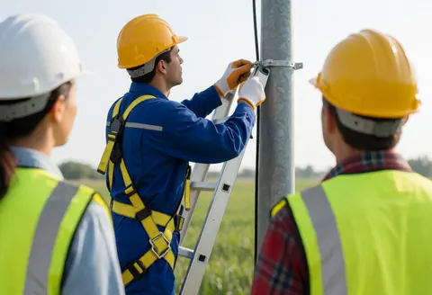 Technicien en uniforme bleu et casque jaune pose un câble sur un poteau métallique. Deux collègues observent la scène de travail en extérieur avec un champ vert en arrière-plan.