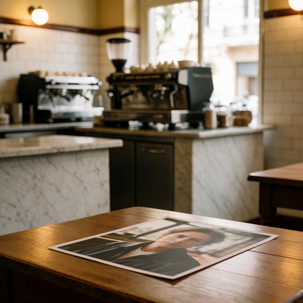 Une photographie posée sur une table en bois au sein d'un café, entourée de machines vintage et baignée d'une lumière naturelle chaleureuse.