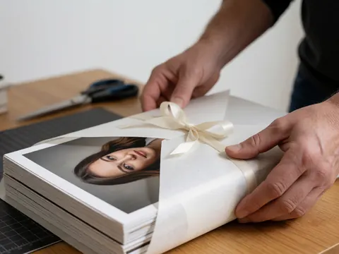 Des mains professionnelles emballent une pile de photographies avec du ruban blanc sur une table en bois, entourées de ciseaux et d'un gabarit de découpe.
