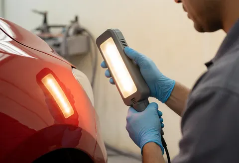 Un technicien portant des gants bleus examine attentivement la finition parfaite de la carrosserie rouge à l'aide d'un éclairage led dans un atelier professionnel.